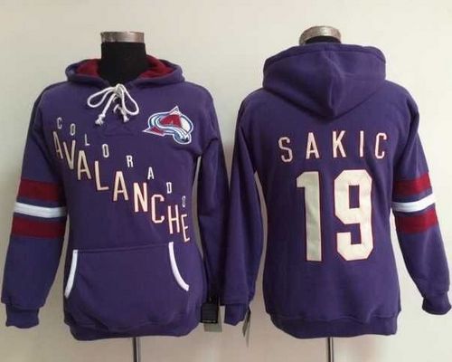 Colorado Avalanche #19 Joe Sakic Purple Women's Old Time Heidi NHL Hoodie - Click Image to Close